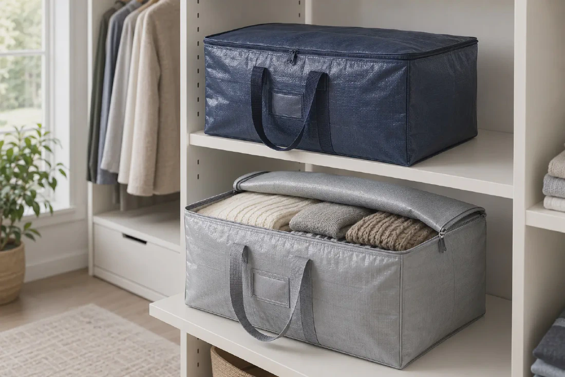 Woven clothes storage bags placed on household shelving
