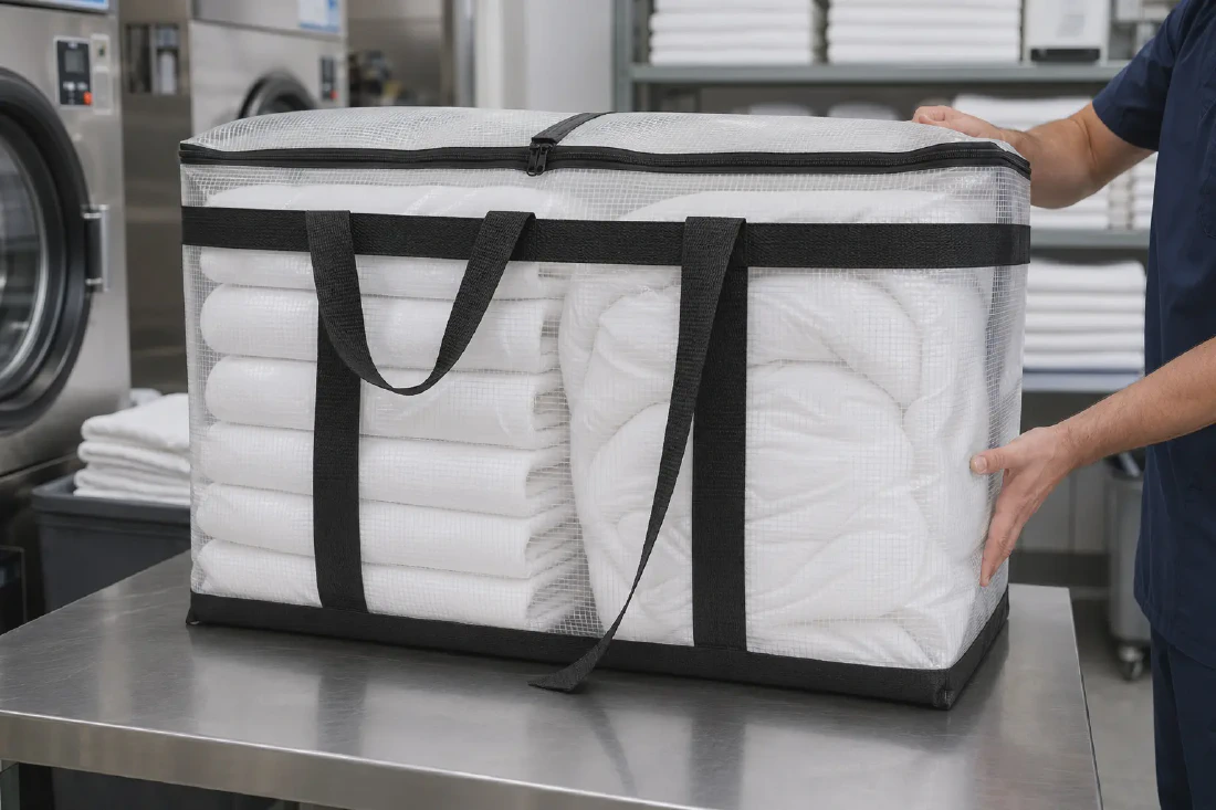 Woven storage bag filled with bedding and household textiles