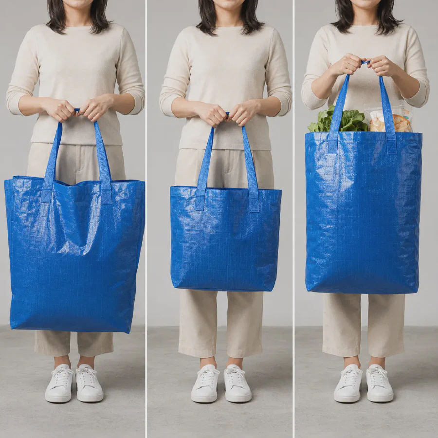 Three-panel comparison of an adult carrying oversized, correctly proportioned and overfilled blue woven shopping bags