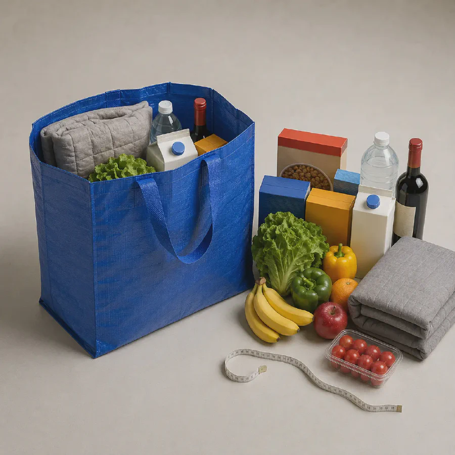 Blue PP woven shopping tote beside groceries, bottles and folded textiles prepared for load-envelope measurement