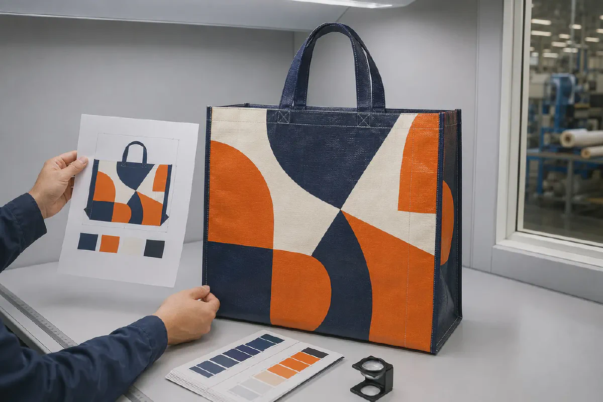 Quality inspector comparing a finished custom printed PP woven bag with an approved proof and physical color swatches