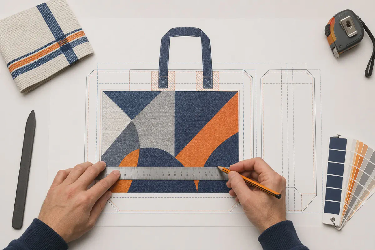 Overhead artwork placement proof showing a custom woven bag panel, handle attachment zones, seams and measurement guides