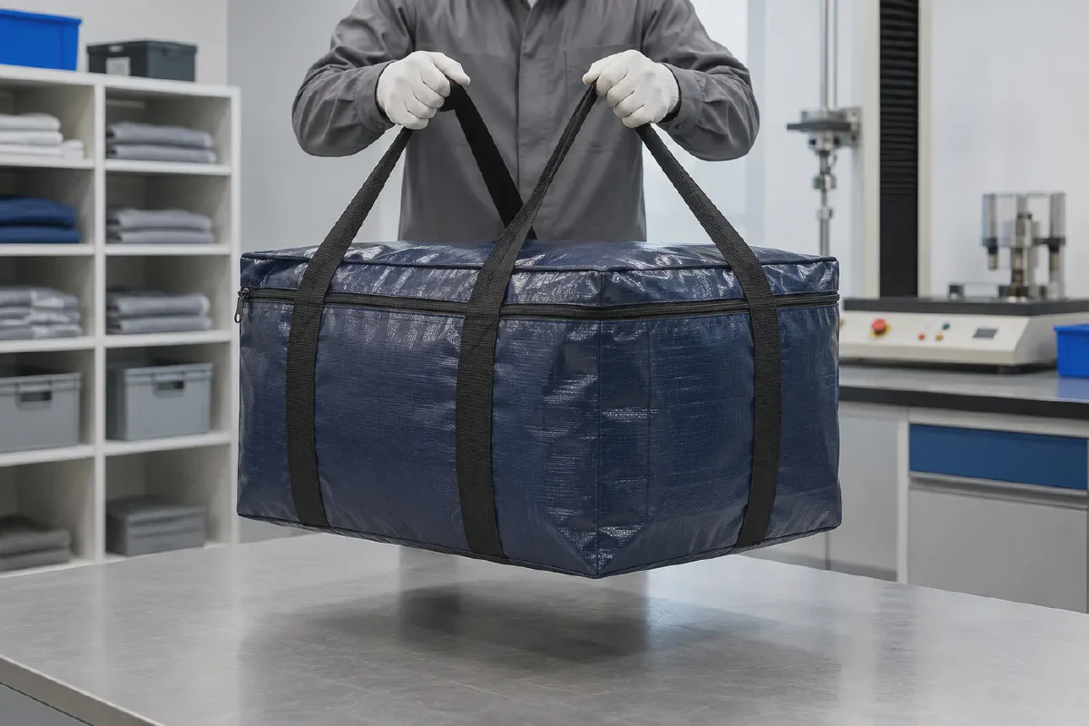 Quality inspector performing a balanced lift test on a loaded navy PP woven moving bag with wraparound handles