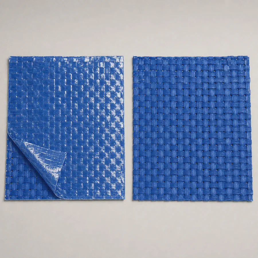 Close comparison of blue PP woven fabric with a clear laminated film and exposed unlaminated weave