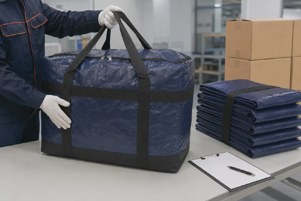 Inspector checking a loaded navy PP woven moving bag beside folded bags and export cartons