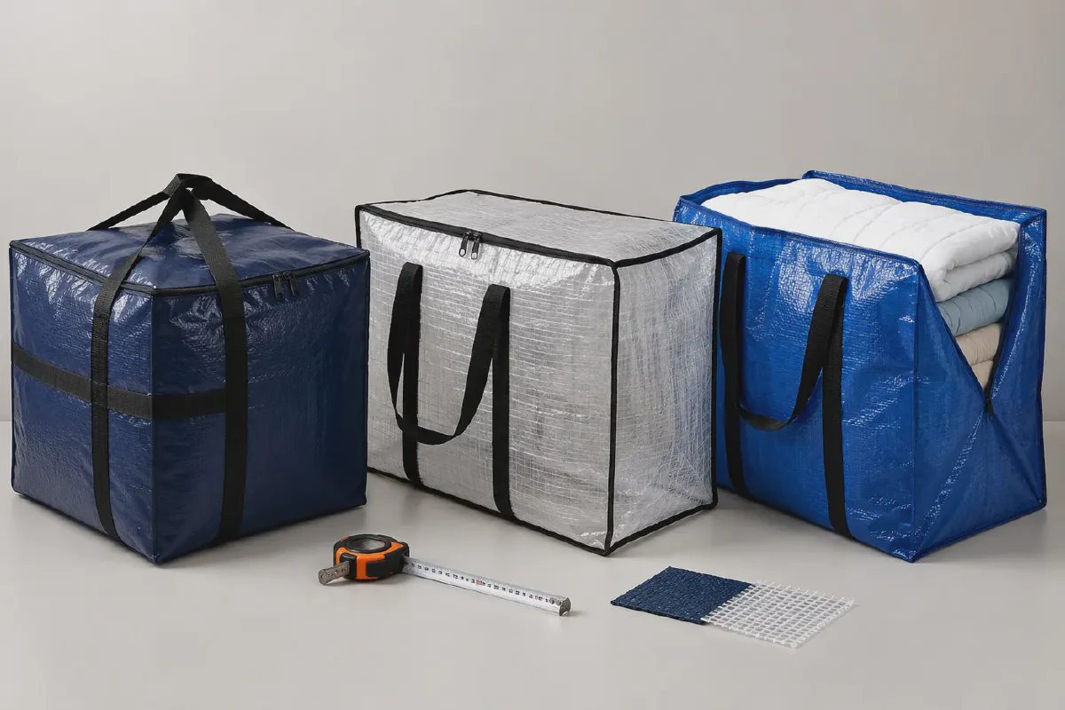 Three PP woven moving bag configurations showing zipper, clear body, wide gusset, measuring tape and fabric swatches