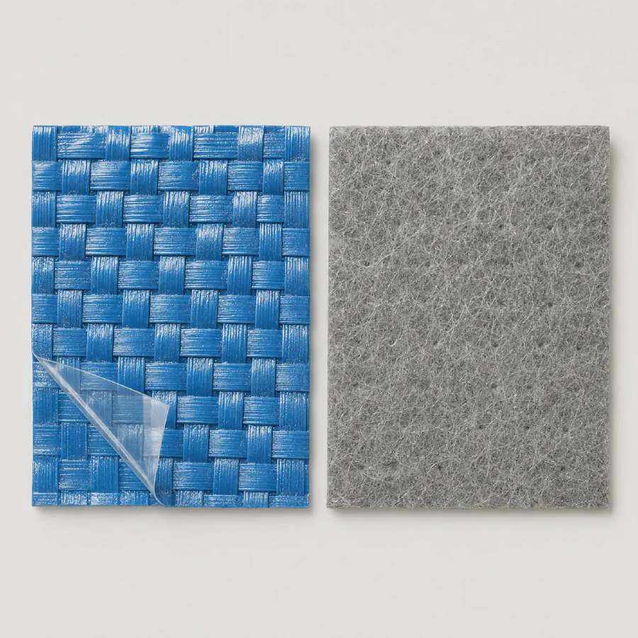 Close comparison of blue laminated PP woven tapes and gray bonded non-woven polypropylene fibers