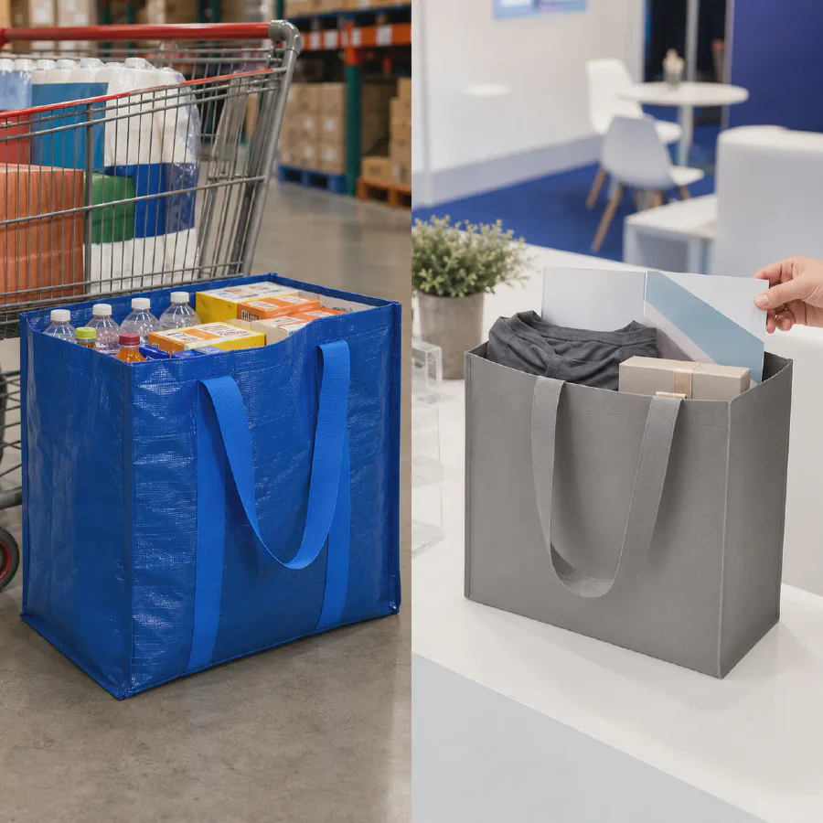 Blue PP woven bag carrying bottles and cartons compared with a gray non-woven promotional tote at an event