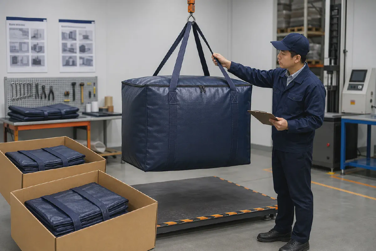 Quality inspector observing a suspended loaded navy PP woven moving bag beside folded bags in export cartons