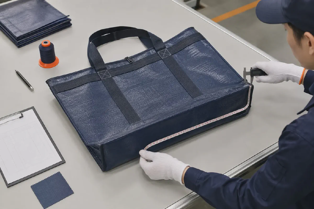Inspector measuring the dimensions, gusset, zipper, seams and webbing of a finished navy PP woven bag