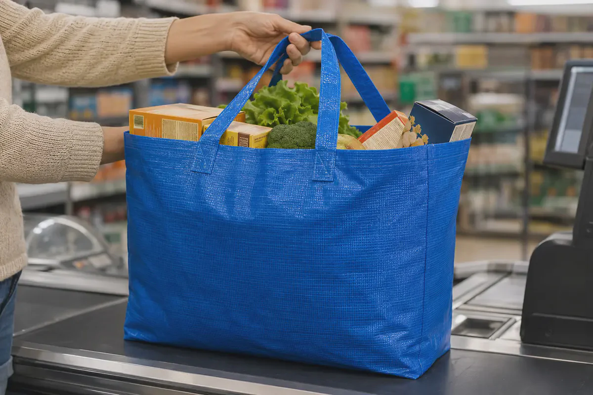 Blue reusable PP woven shopping bag carrying groceries at a supermarket checkout