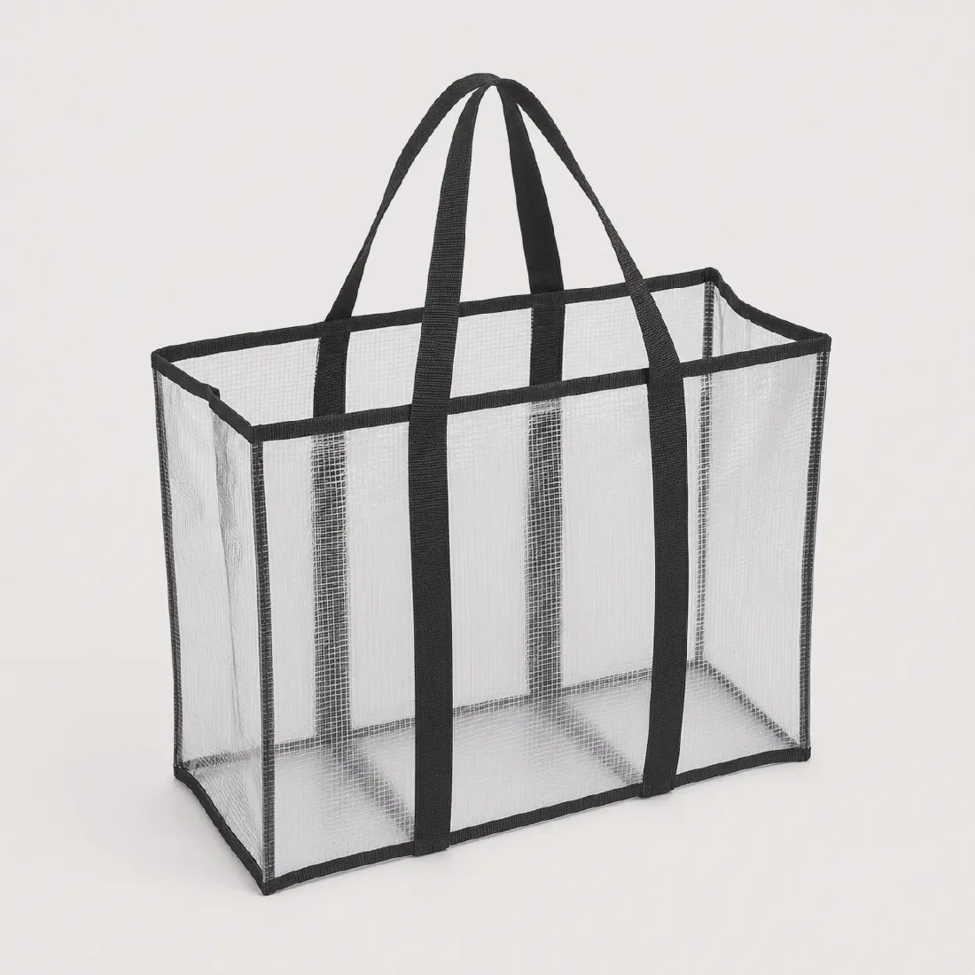 Empty clear woven grocery bag showing its open top and side gusset