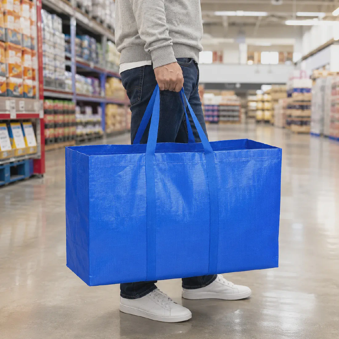 Adult shopper carrying the extra-large woven tote for scale